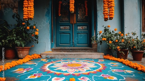 A vibrant blue house entrance decorated with marigold garlands and an intricate blue and colorful rangoli design on the ground photo