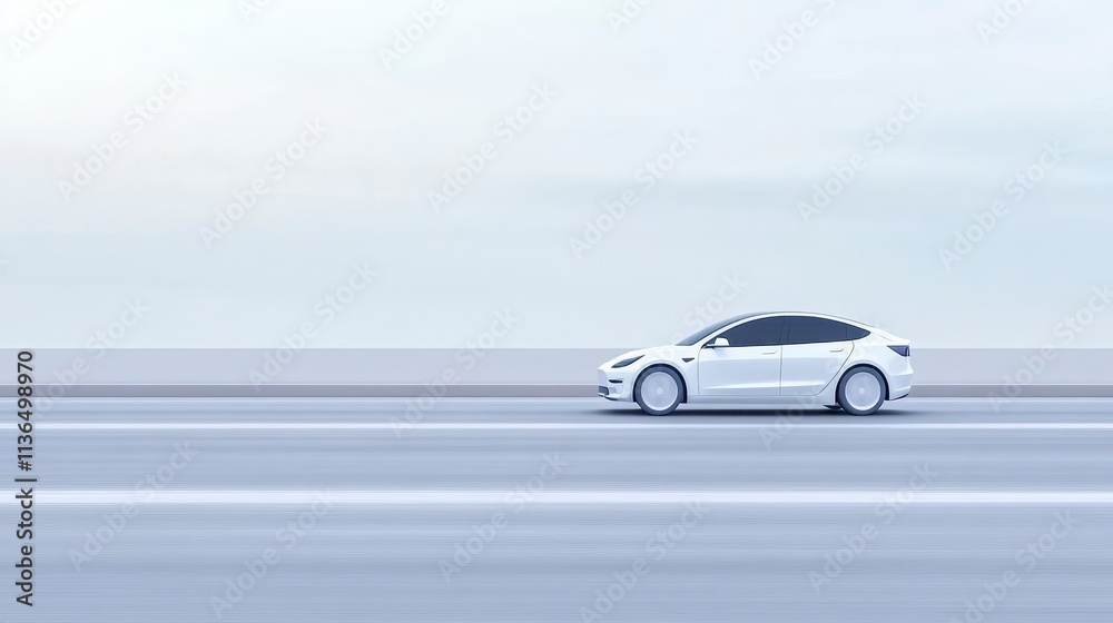 Obraz premium Sleek White Electric Car Driving on Empty Highway