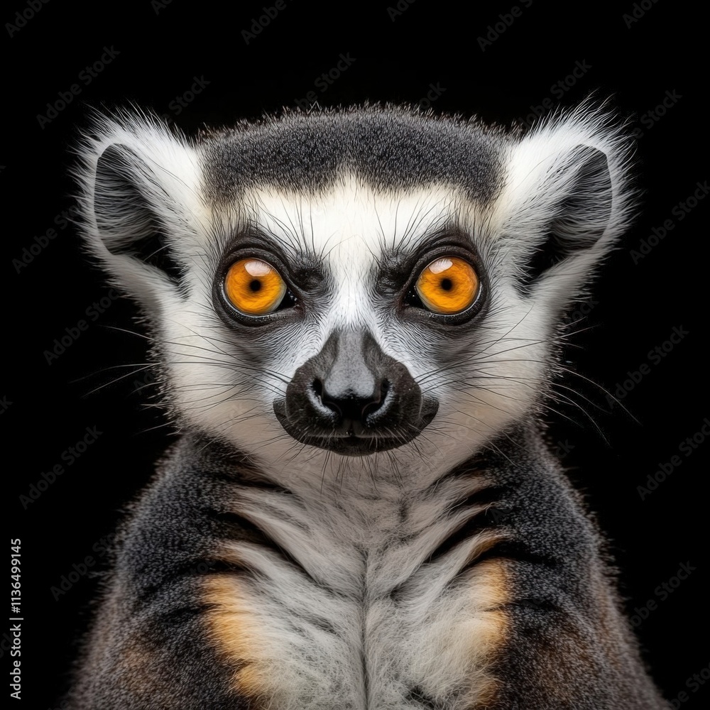 Fototapeta premium Portrait of a lemur in a curious mood against a black isolated background.