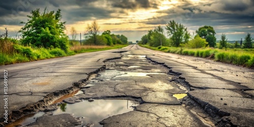 A badly damaged rural road with large potholes reflecting the sunset sky