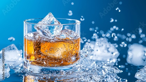 A glossy cola glass brimming with ice, surrounded by a cool mist effect, set against a deep sky blue background, evoking a chilled sensation