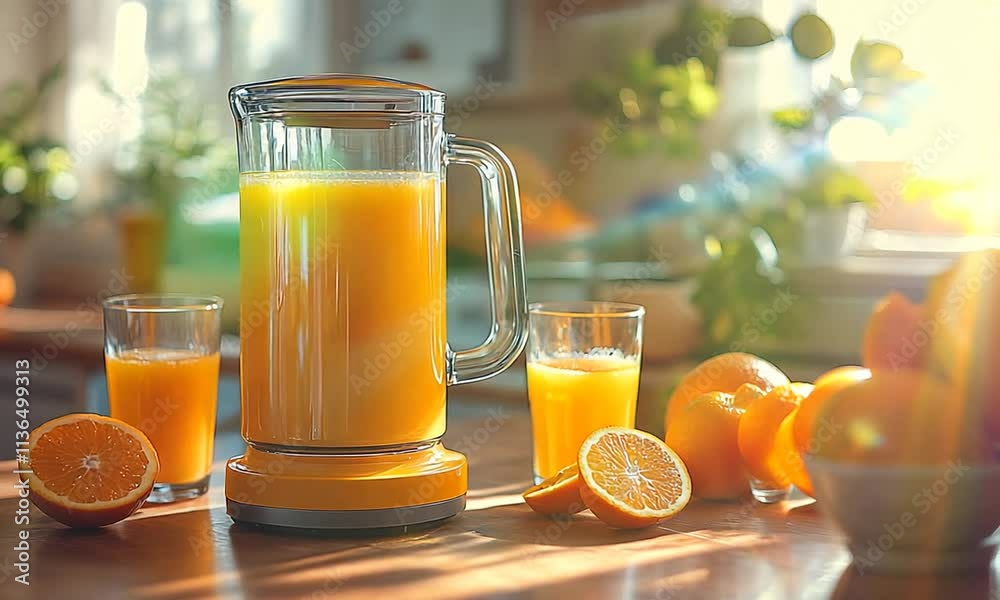 A vibrant orange juice blender with glasses and fresh oranges on a wooden table. A vibrant orange juice blender with glasses and fresh oranges on a wooden table.