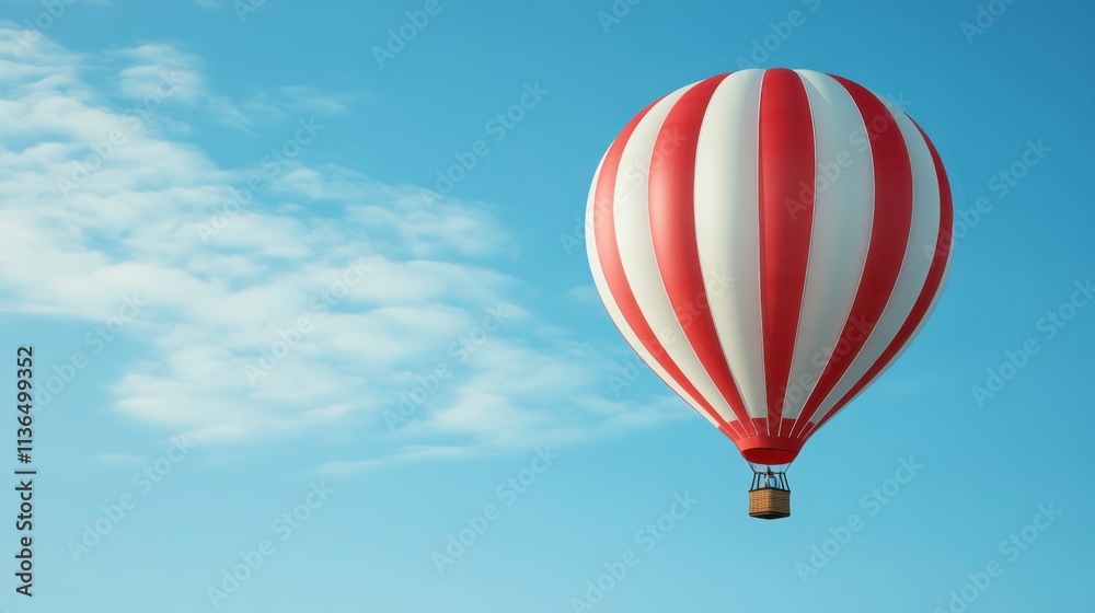 Obraz premium Red White Hot Air Balloon Soaring High in Blue Sky with Clouds
