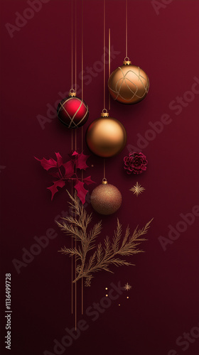  Luxurious Red and Gold Christmas Background with Hanging Ornaments and Festive Details