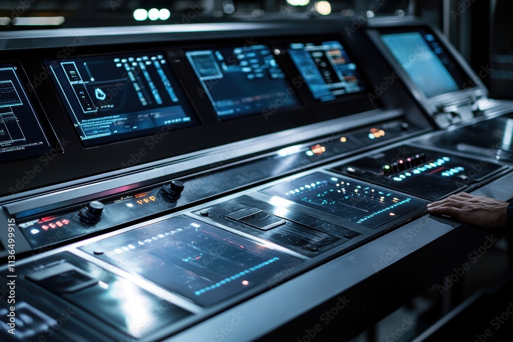 Obraz premium Technician Operating Control Panel in High-Tech Conveyor System for Manufacturing Efficiency