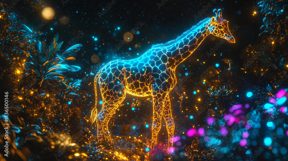 A bright colored giraffe on a dark background. A bright colored giraffe on a dark background.