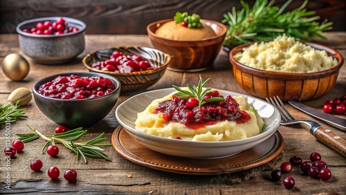 Traditional festive meal featuring mashed potatoes and cranberry sauce on a rustic wooden table