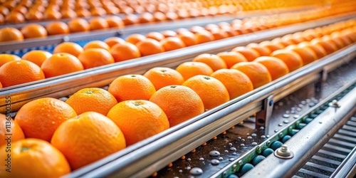 Citrus Fruit Processing Line Rows of Juicy Oranges Moving Along a Modern Conveyor Belt for Packaging and Distribution photo