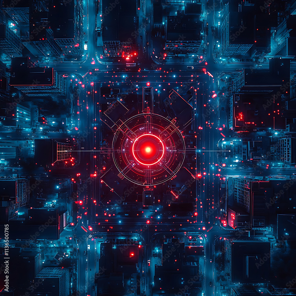 Obraz premium Futuristic Cityscape with Neon Lights and Circles