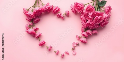 A delicate arrangement of pink roses forming a heart shape on a pale pink background