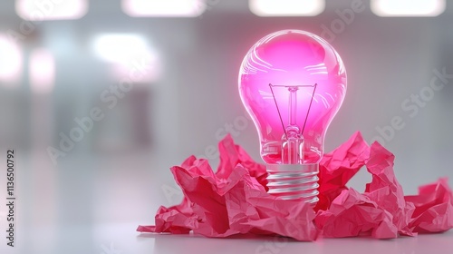 A pink light bulb glowing softly, half-buried in crumpled red paper, symbolizing the birth of ideas amid creative disorder