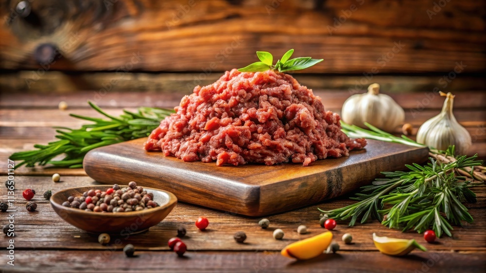 Aromatic Ground Beef Ready for Cooking on Rustic Wooden Board Aromatic Ground Beef Ready for Cooking on Rustic Wooden Board