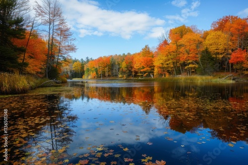 Vibrant Autumn Reflections on a Serene Lake Surrounded by Colorful Foliage and Bright Blue Skies in a Peaceful Nature Scene