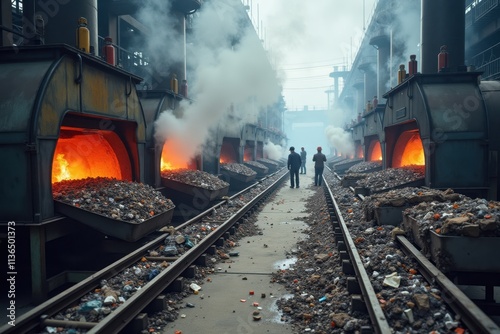 An industrial waste incineration workshop with large furnaces and conveyor belts. The scene includes workers monitoring the process and clouds of steam rising in the background