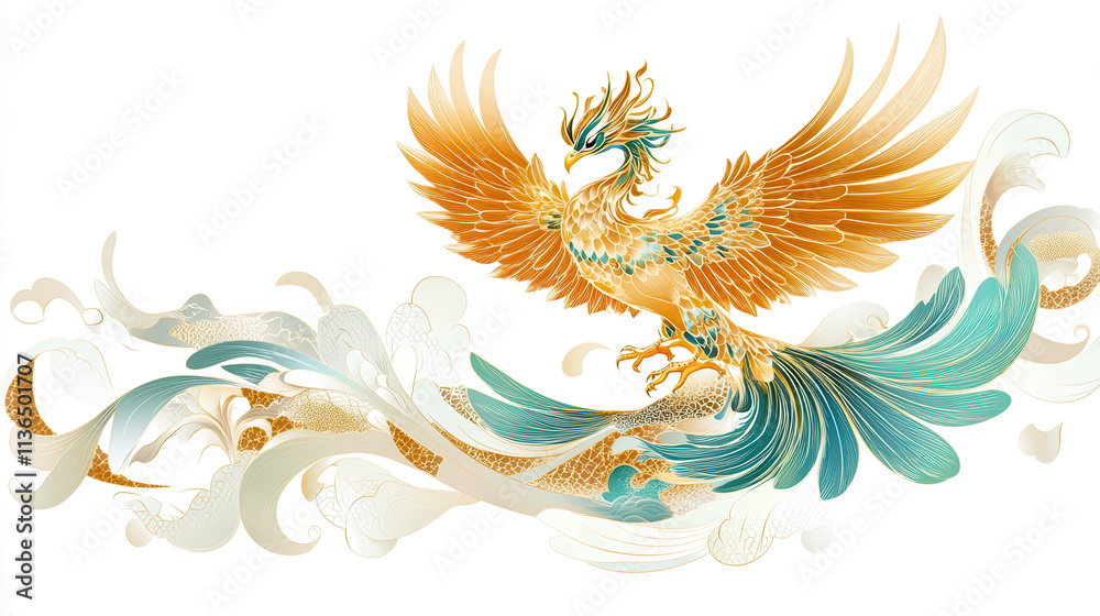 Fototapeta premium A golden phoenix in a dynamic pose, elegant and intricately detailed feathers, centered on a pristine white background