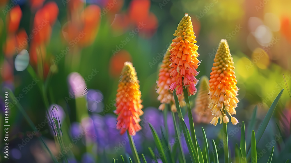 Torch Lily Blooms in Sunset Light: A vibrant cluster of Torch Lily flowers stand tall against a soft, warm background, bathed in the golden hues of a setting sun. Torch Lily Blooms in Sunset Light: A vibrant cluster of Torch Lily flowers stand tall against a soft, warm background, bathed in the golden hues of a setting sun.