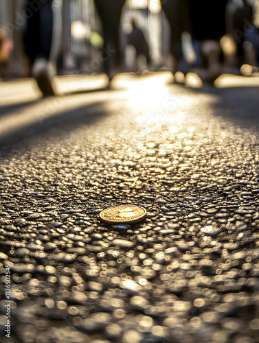 Lost coin on a busy street, partially covered in dirt with visible scratches, surrounded by blurred motion of walking feet, emphasizing solitude amidst city life. Lost penny day