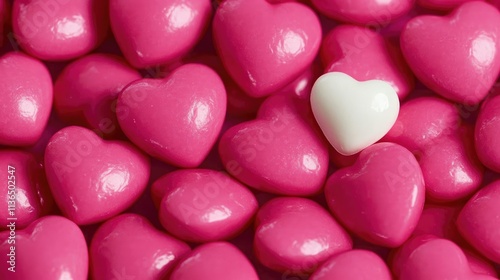 Close-up of Pink Heart-Shaped Candies Arranged in Pattern with White Candy on Top, Adorable Romantic Background for Valentine's Day Celebration
