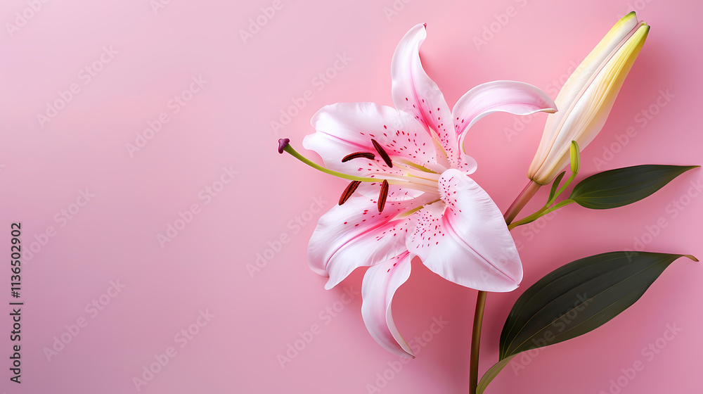 Fototapeta premium Pink Lily Bloom: Delicate white lily with pink speckles and a closed bud, arranged on a vibrant pink background, creating a captivating and elegant floral backdrop.