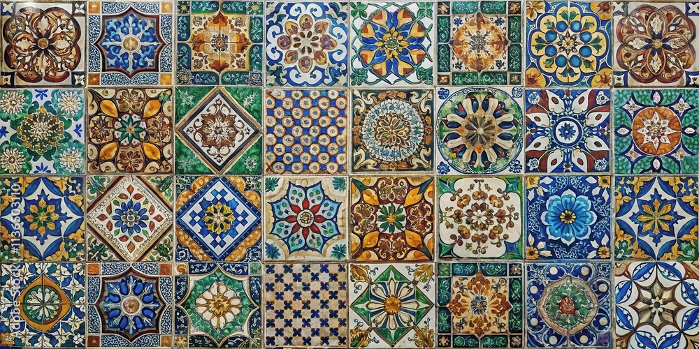 A vibrant patchwork of ornate square tiles showcasing diverse floral and geometric designs in rich blue, green, yellow, and brown hues.