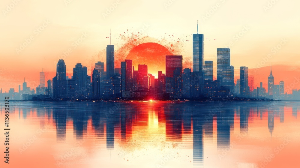 Fototapeta premium City skyline at sunset reflecting on water