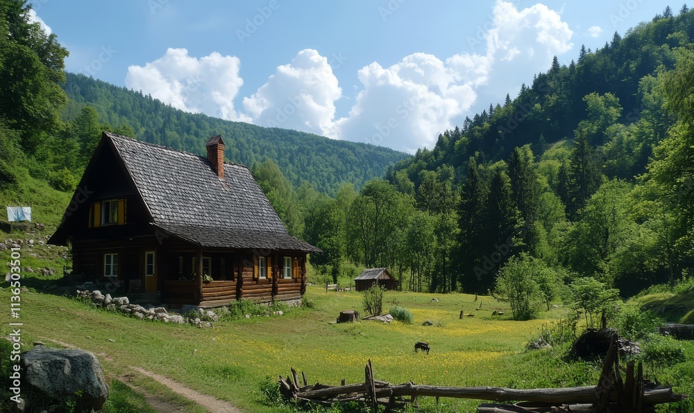 Serene Mountain Landscape with Charming Wooden Cabin Surrounded by Lush Greenery and Bright Blue Sky Serene Mountain Landscape with Charming Wooden Cabin Surrounded by Lush Greenery and Bright Blue Sky