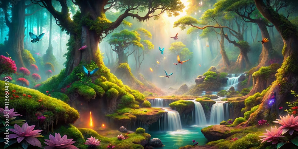 Fototapeta premium Fantasy Forest Photography: Glowing Butterflies, Mystical Panoramic Landscape, Enchanted Nature Scene