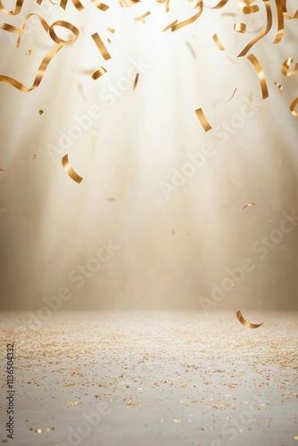 Golden Confetti and Ribbons Background. A Celebration Backdrop for Parties, Anniversaries, and Holidays. A Festive and Elegant Atmosphere for Special Occasions.