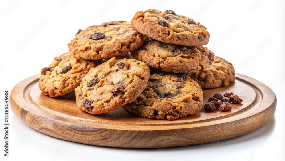 Warm oatmeal raisin cookies, artfully arranged on a rustic wooden plate, captured in a captivating long exposure shot. Warm oatmeal raisin cookies, artfully arranged on a rustic wooden plate, captured in a captivating long exposure shot.