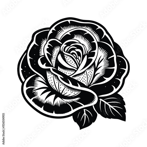 rose flower linocut silhouette vector illustration