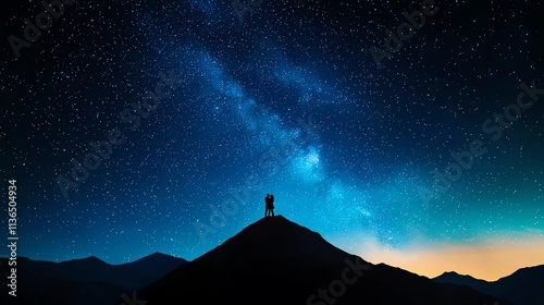 A breathtaking view of the Milky Way galaxy over a mountain silhouette at night, showcasing a vast expanse of stars in a serene and calm atmosphere.