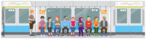 a cartoon Illustration view of people sitting in subway train inside side view