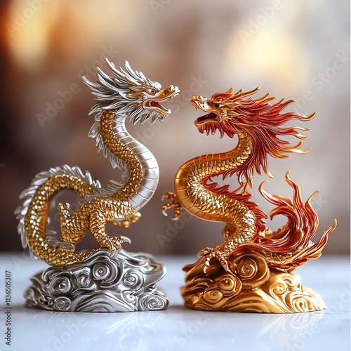 Two intricately designed dragon figurines in silver and gold, symbolizing strength and power, displayed on a textured surface with soft focus in the background.