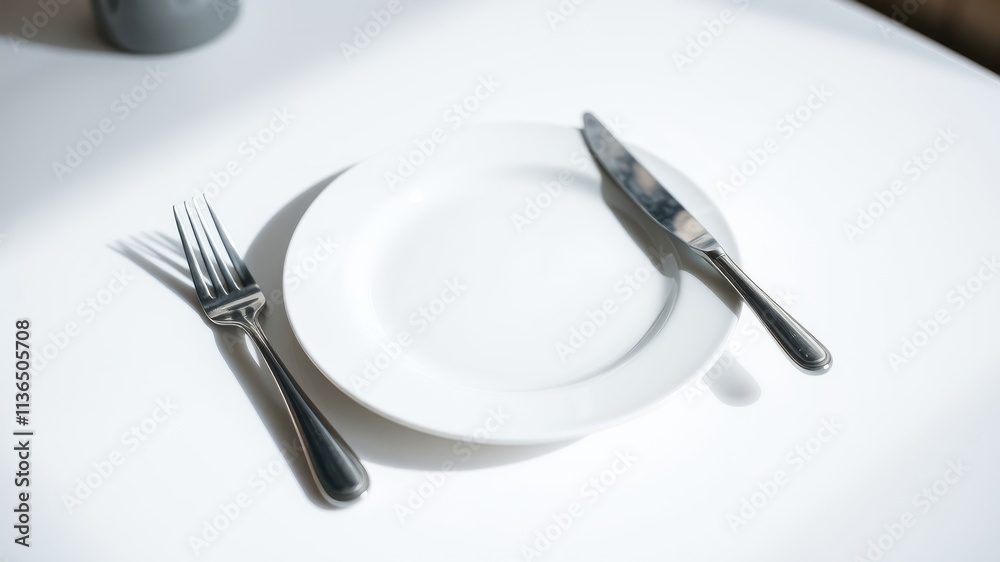Simple elegance a minimalist table setting with a white plate, fork, and knife Simple elegance a minimalist table setting with a white plate, fork, and knife