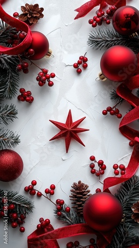 Festive decorations with red ornaments and pine branches arranged on a white background for holiday celebration photo