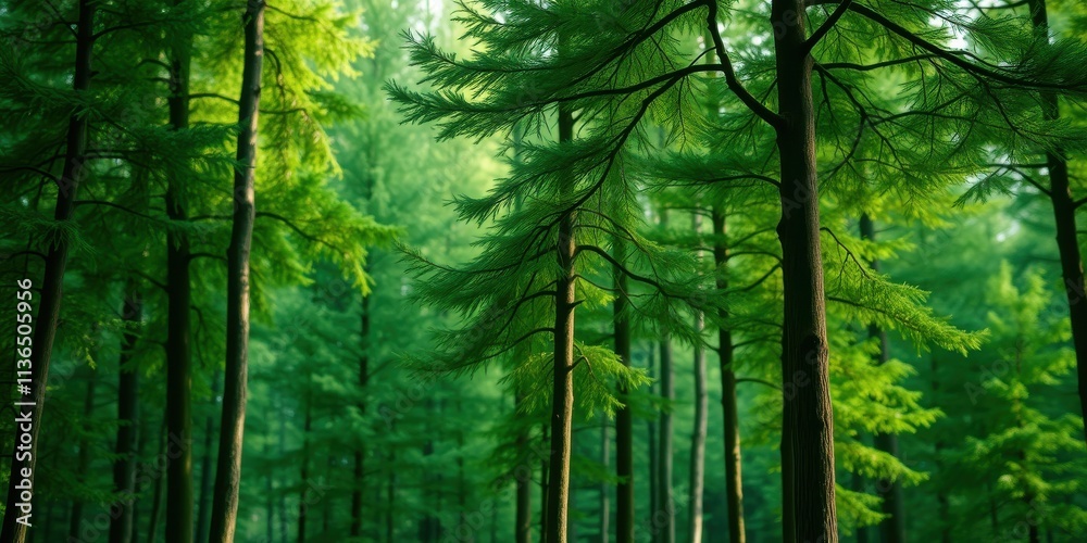 Fototapeta premium Lush green canopy of tall trees in a dense forest, sunlight filtering through the leaves