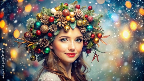 Festive Holiday Headpiece, Pinecone Ornament Hair Accessory, Young Woman, Winter Wonderland Photo