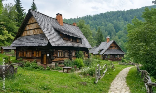 Charming Rustic Cabins Nestled in Lush Green Nature Surrounded by Majestic Mountains