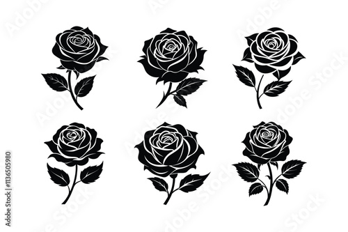 rose flower linocut silhouette vector illustration