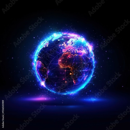 Digital Globe with Bright Lights and Cosmic Effects in Space