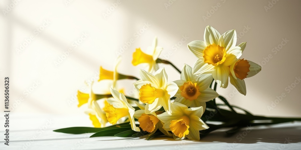Obraz premium A bouquet of delicate pale yellow daffodils with sunny yellow centers rests on a soft, white surface, illuminated by soft sunlight.