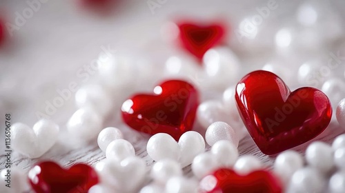 White and Red Hearts Scattered on Table, Close-Up of Heart-Shaped White Beads, Valentine's Day Theme, Bright Studio Lighting, High-Resolution Detailed Composition, Natural Colors, Professional Color G