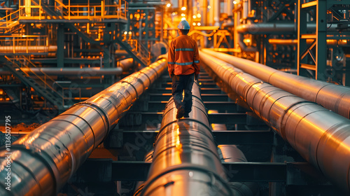 Industrial Pipeline Inspection: A lone worker in high-visibility safety gear walks along massive pipelines within a sprawling industrial plant.