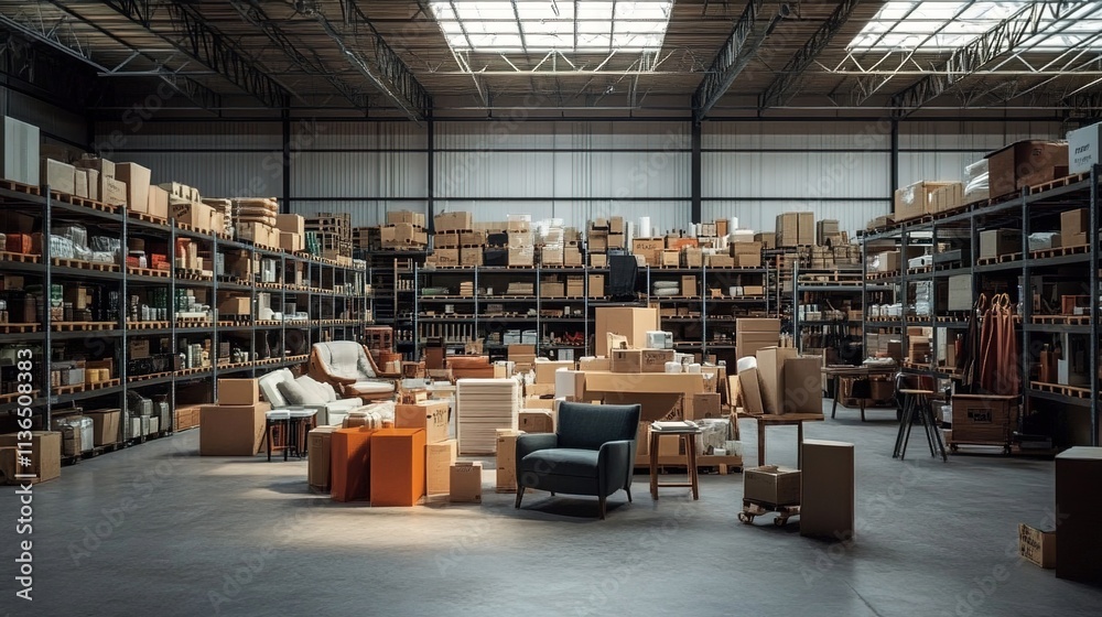 A warehouse filled with furniture and boxes, showcasing the storage space for home decor items. A warehouse filled with furniture and boxes, showcasing the storage space for home decor items.