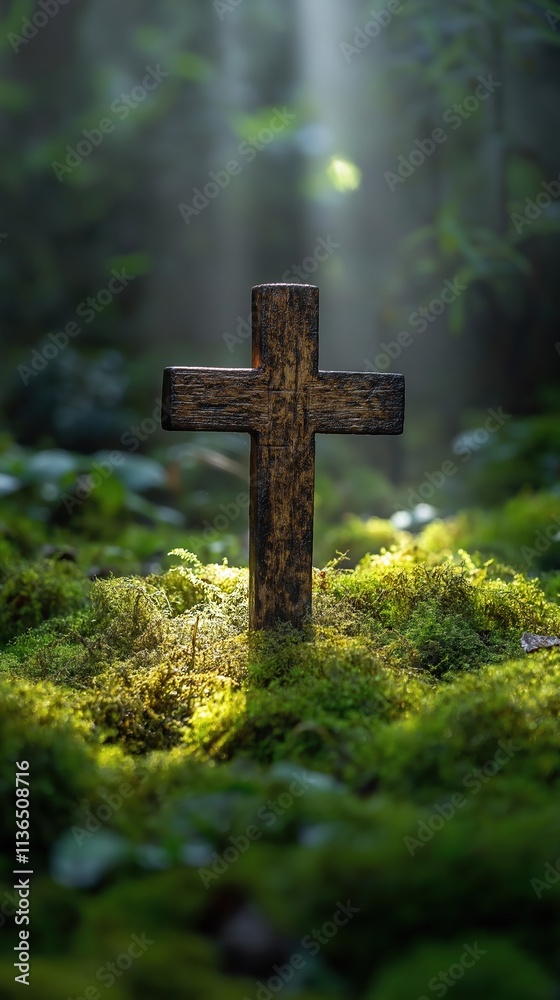 Wooden cross standing in lush green moss illuminated by sunlight filtering through forest trees Wooden cross standing in lush green moss illuminated by sunlight filtering through forest trees