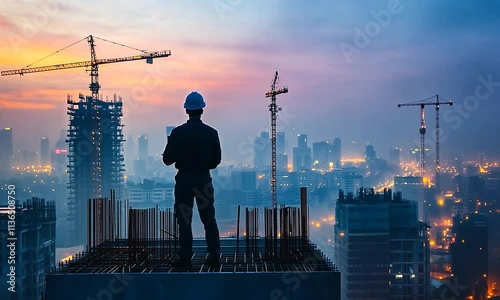 A construction worker surveys the city skyline at sunset, using a laptop on a building site.