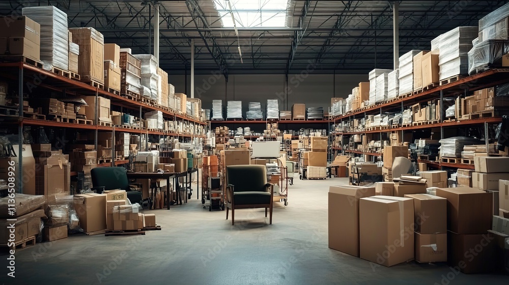 A warehouse filled with furniture and boxes, showcasing the storage space for home decor items. A warehouse filled with furniture and boxes, showcasing the storage space for home decor items.