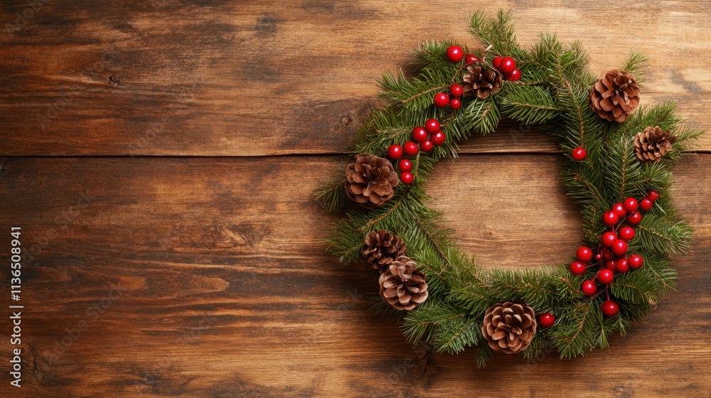Traditional Christmas Wreath on Wooden Surface Traditional Christmas Wreath on Wooden Surface