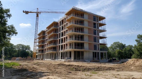 Construction site with an unfinished building and cranes under blue sky