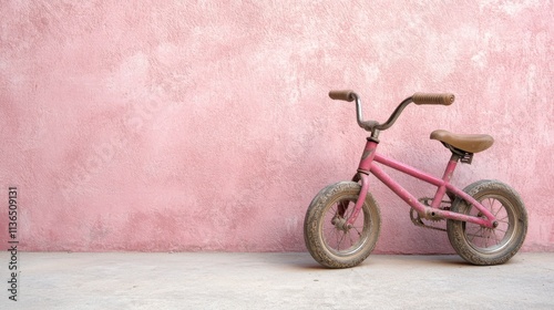 Pink Child s Bike Leaned Against Pink Wall Background photo